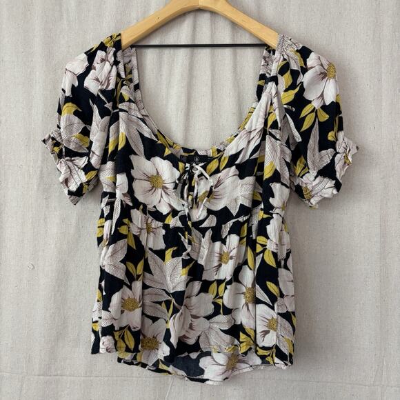 Volcom Floral Baby Doll Top Women Small Black White Yellow‎ Boho Y2K Festival - Picture 3 of 9